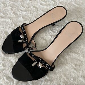 STUART WEITZMAN Black Suede & Patent Leather Kitten Heel Sandals Mules